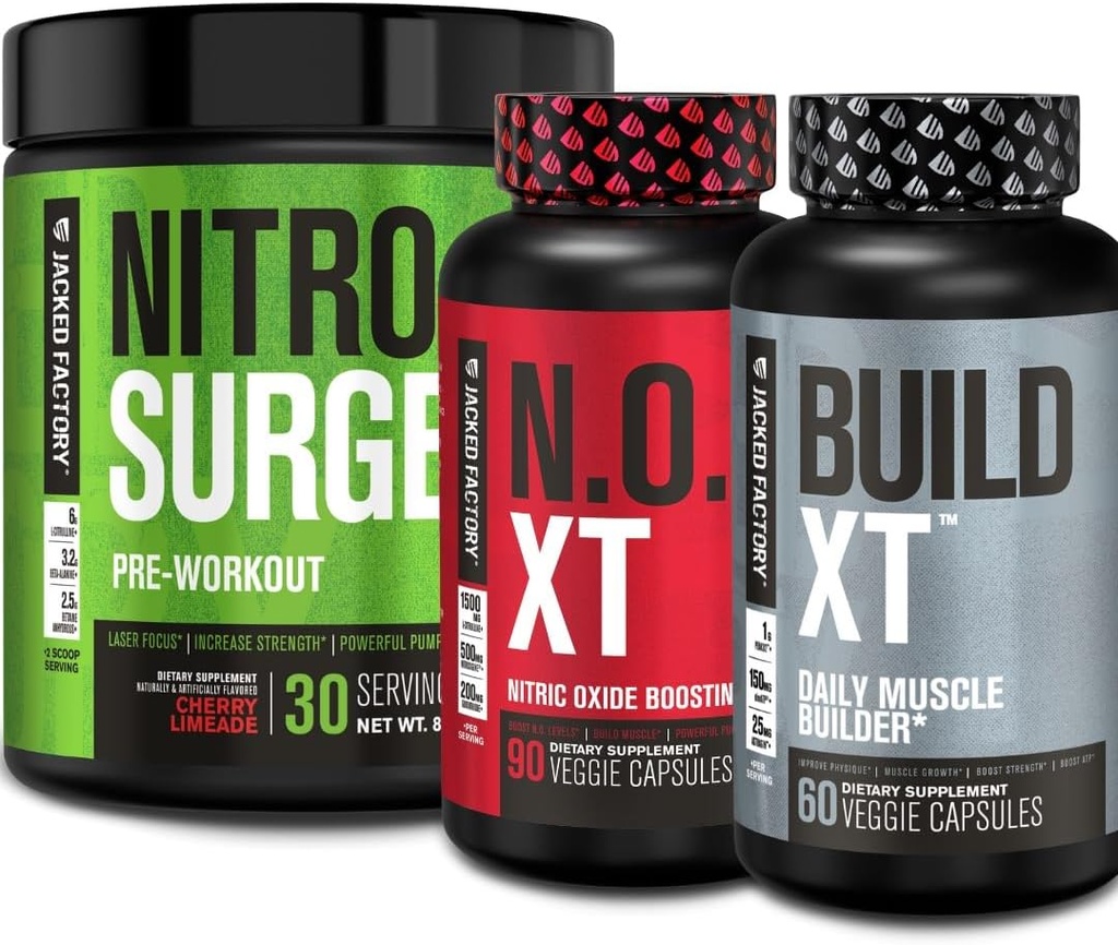 Jacked Factory Nitrospush Pre Workout, N.O. XT Nitric Oxide Suplement & Build-XT Daily Muscle Builder Bundle