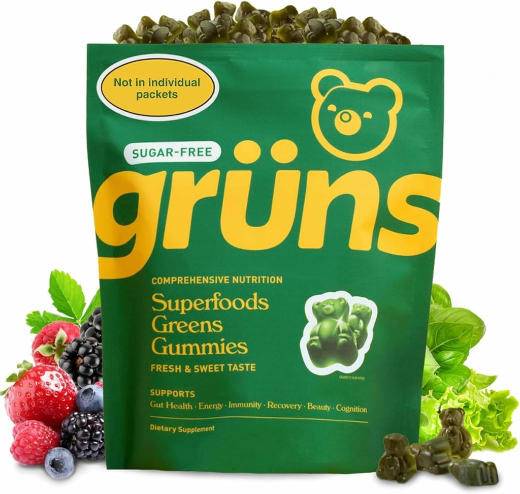 Gruns Adult Sugar-Free Super Greens Gummies - Superfood Gummy Bears with Spirulina, Chlorella, Fiber & Pregories for Digetical Health, Adaptogen Suplemen dengan 20 Vitamin & Minirina, 2 Week Supppply