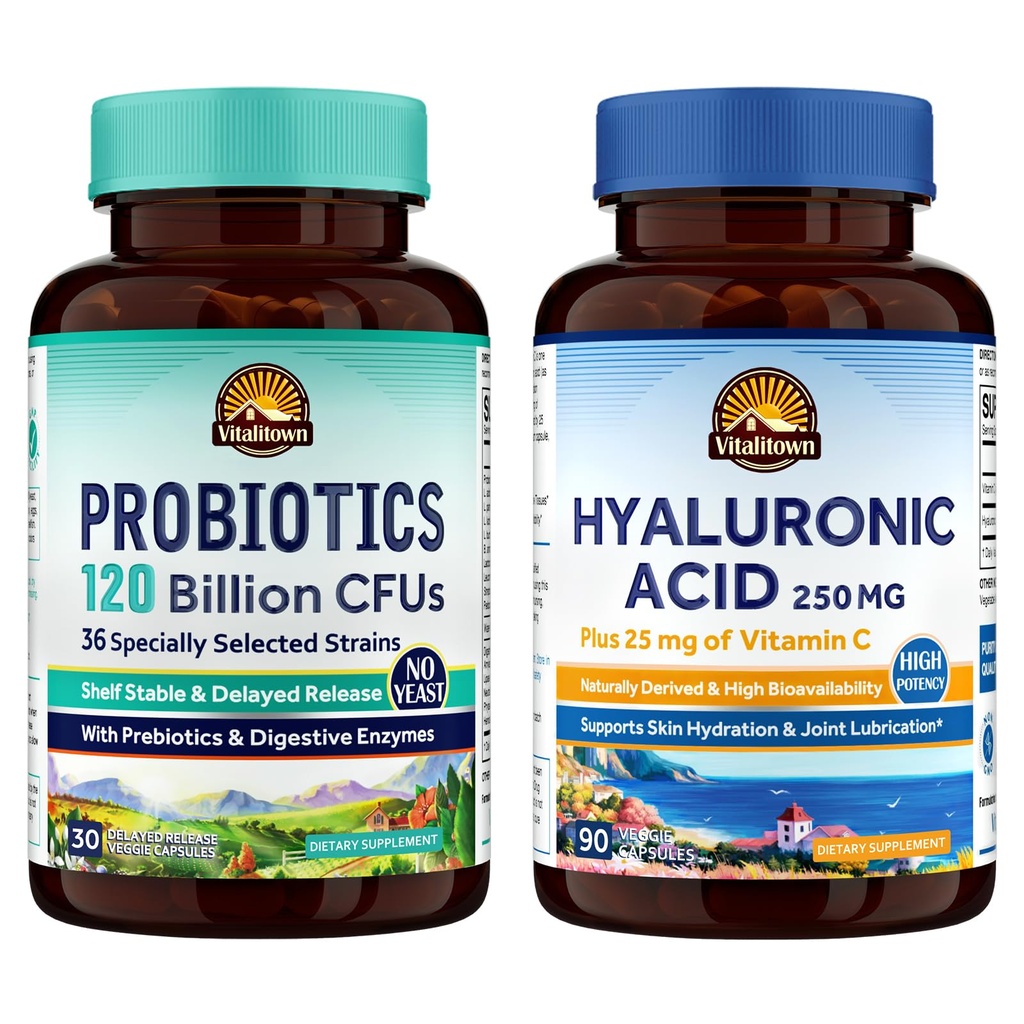 Vitalitown Gut-Skin Bundle (Pack of 2) 124; Progories 120 Billion CFUs (Item 1) & Hyaluronic Acid (Item 2)