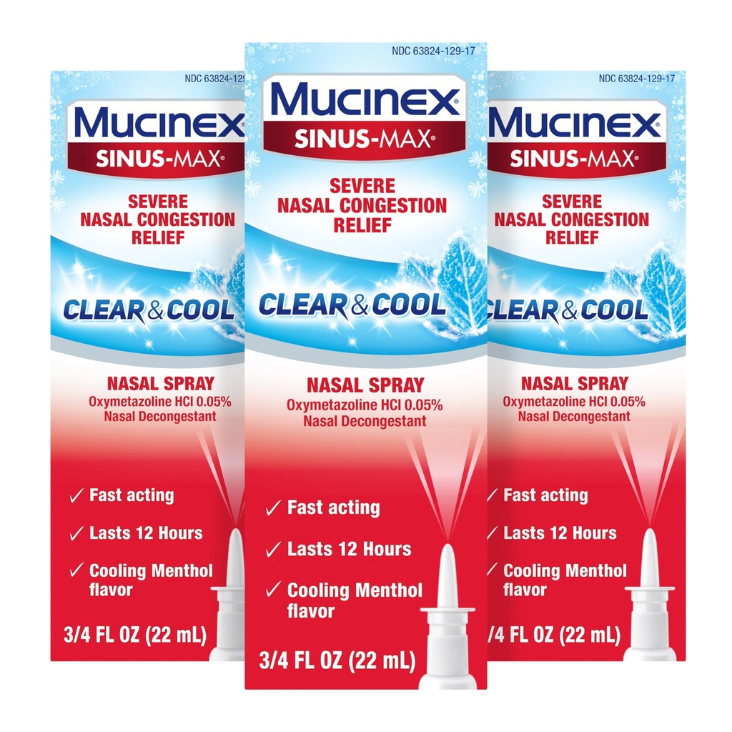 Mucinex Sinus- Max Nasal Spray Decongestant, 12 Hour Over- The-Counter Medication Nose Sembah untuk Sinus Relief, Nasal Decongestants untuk Dewasa, Cooling Menthol, 0.75 Fl Oz (Paket 3)