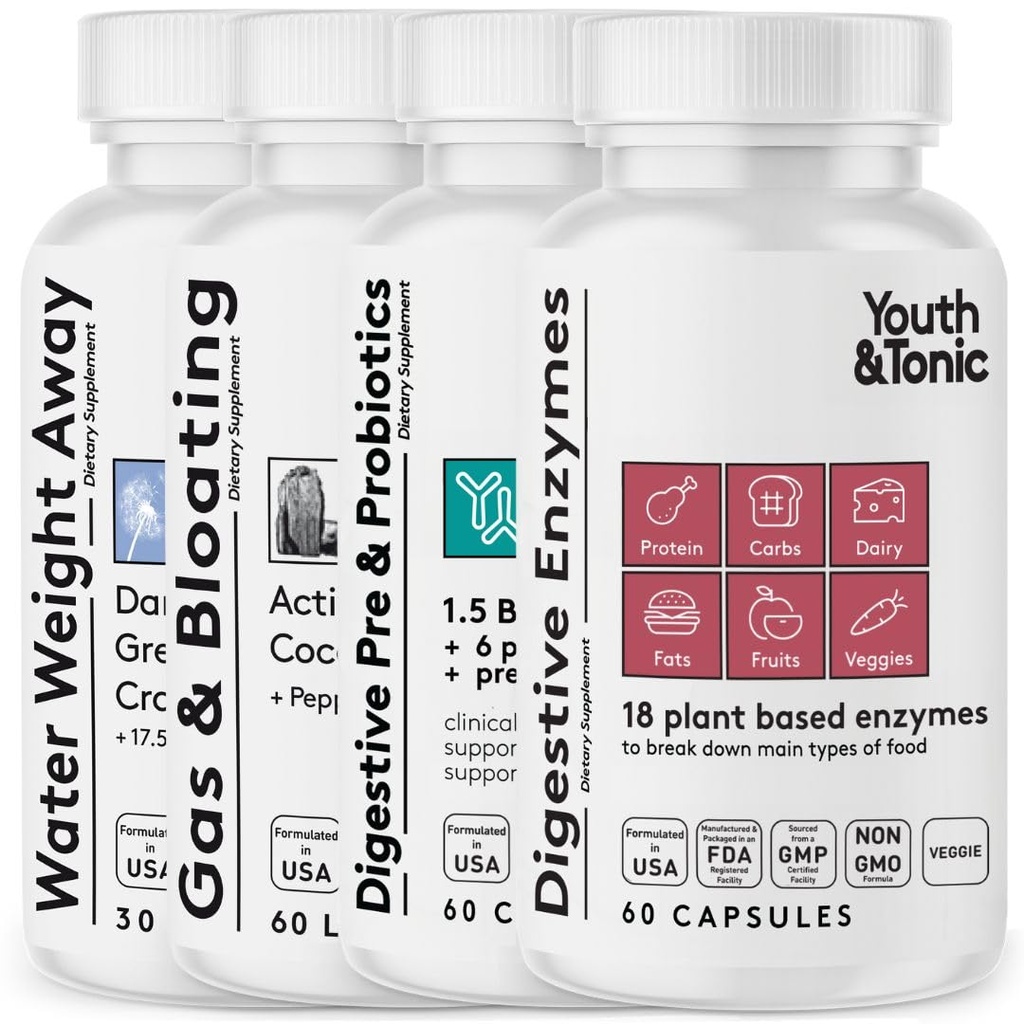 Pelepasan Bloating Pemuda & Tonic dengan Pra & Progities dari Retensi Air, Gas atau Pembuangan Makanan dengan Pil Air, Liquid Diaktifkan Arang dan Enzymes Bundle Digeptical