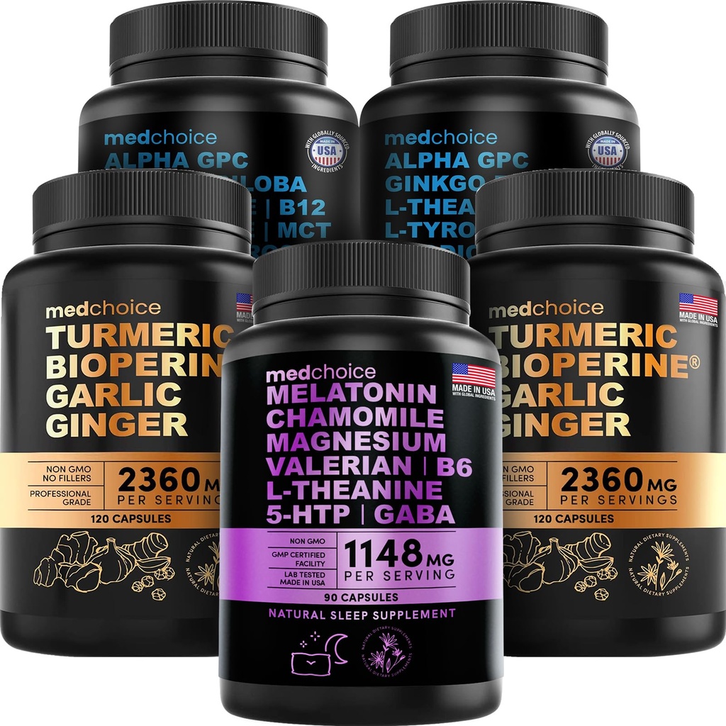 MEDCHOICE Sleep Melonatin (90ct), Turmeric & Ginger (240ct Brain (120ct) Support Bundle - Wellness Trio for Brain, & Imune Dukung - Vegan, Non-GMO, Gluten- Free