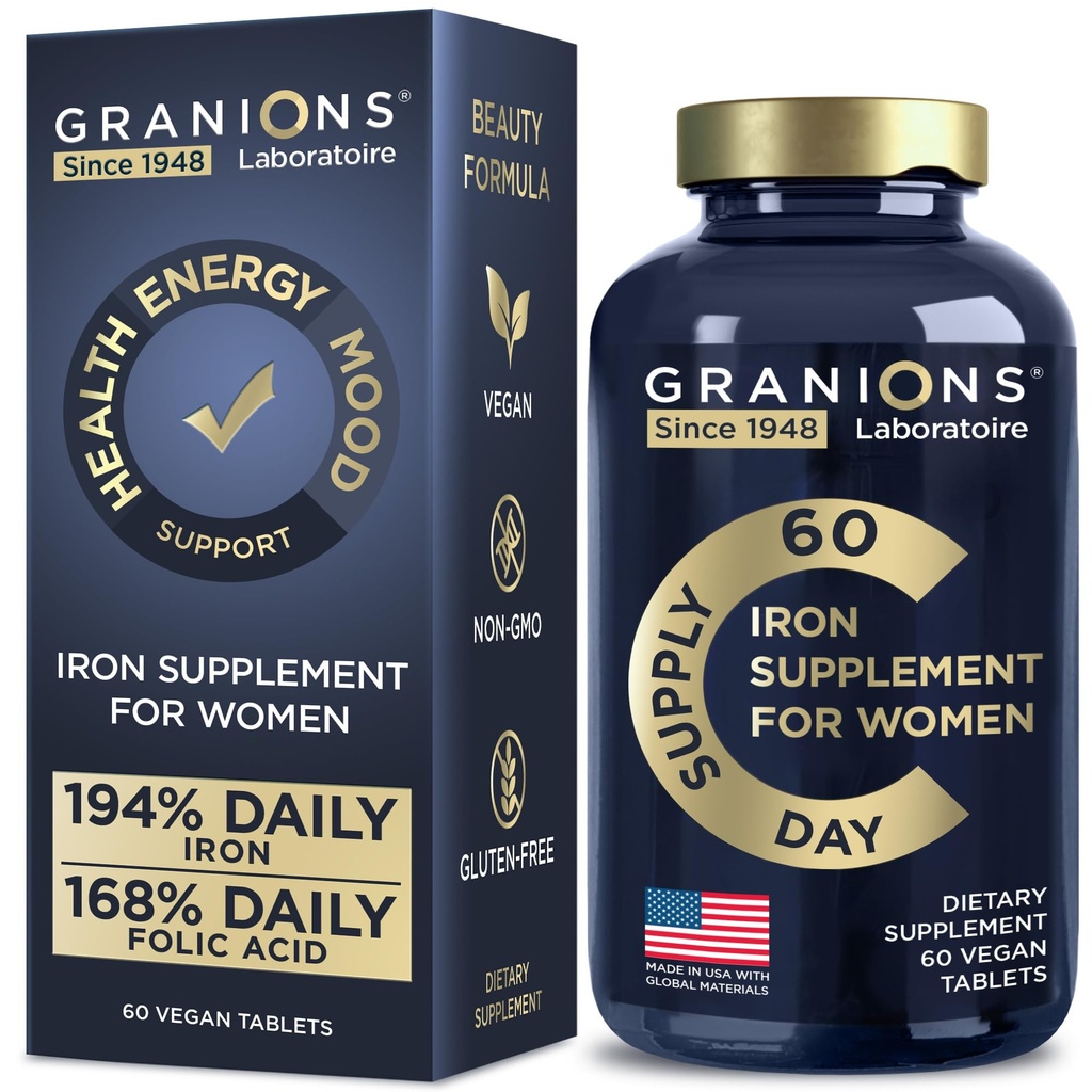 Suplemen Besi Vegan bagi Perempuan - 194% Sunday Womens Besi untuk Pregnancy dan Acid Folic Prenatal Vitamin - 168% Asam Folic Terlarang - 60 Tablet