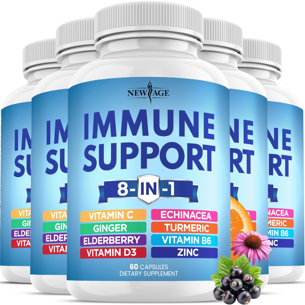 8 dalam 1 Imune Dukung Booster Tambahan dengan Echinacea, Vitamin C dan Zinc 50mg, Vitamin D 5000 IU, Turmeric Curcumin & Ginger, B6, Elderberry (8 dalam 1 Capsules (Paket 5))