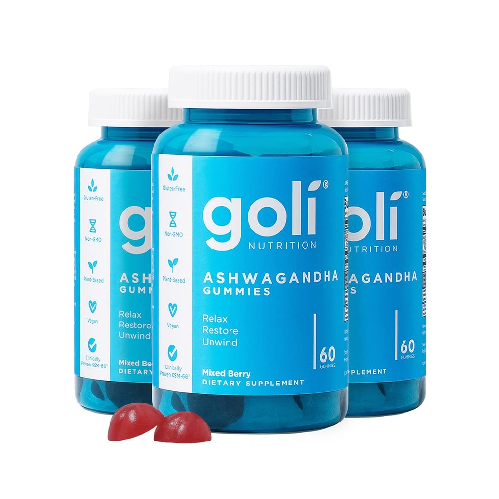 Goli Ashwagandha & Vitamin D Gummy - 180 Count - Dicampur Berry, KSM-66, Vegan, Plant Based, Non-GMO, Gluten- Free & Gelatin Free Relax. Pulihkan. Unwind, Pack of 3