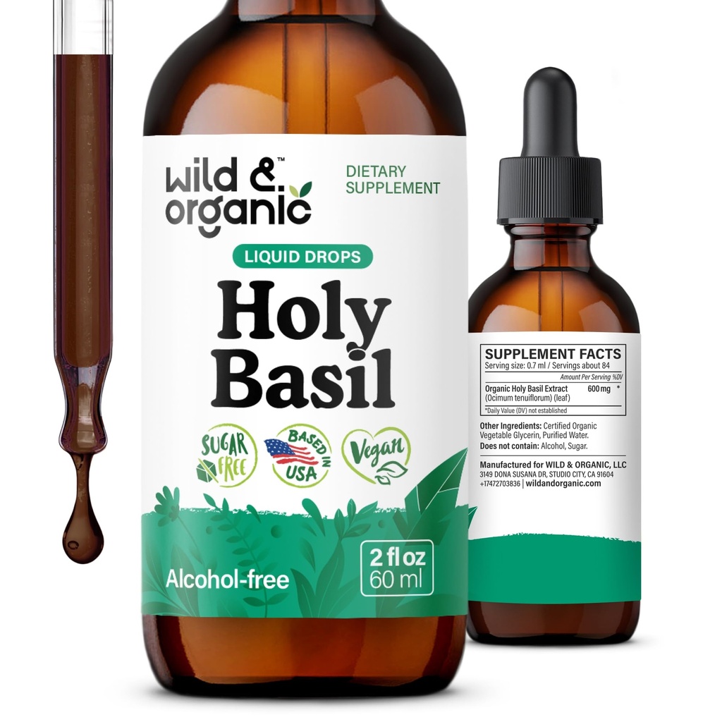 Wild & Organic Holy Basil Leaf Tincture - Relaxation, Caltenation, Mood Support - Tulsi Holy Basil Suplemen - Vegan, Sugar & Alcohol- Free Herb Extract Drops - 2 fl oz