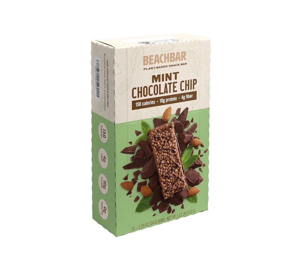 Plant BODI BEACHBAR - Berdasarkan Chocolate Chip - Protein Rich Vegan Snack Bar, Gluten- Free, Indeks Glycemic Rendah, 10g Protein, 150 Kalori, 15 Bars per Kotak