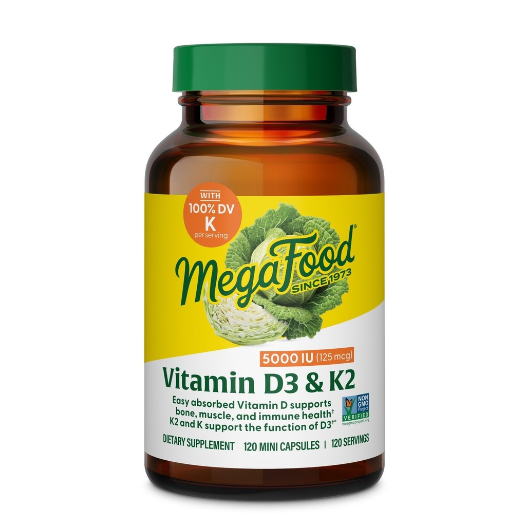MegaFood Vitamin D3 5000 IU (125 mcg) - Suplemen Vegetarian dengan Vitamin D3 K2 - Support Bones, Teeth, Muscles & Imune Kesehatan - Certifikasi Non-GMO - 120 Mini Capsules, 120 Pelayan