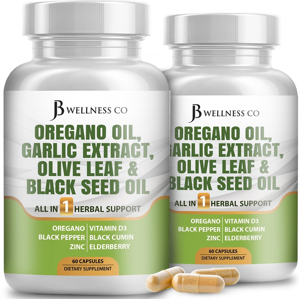 JB Wellness Oregano Oil, Ekstrak Bawang, Olive Leaf, dengan Astragalus - Dukungan Imune & Digetical Health Supplemen Perempuan dan Pria - 120 Cacah