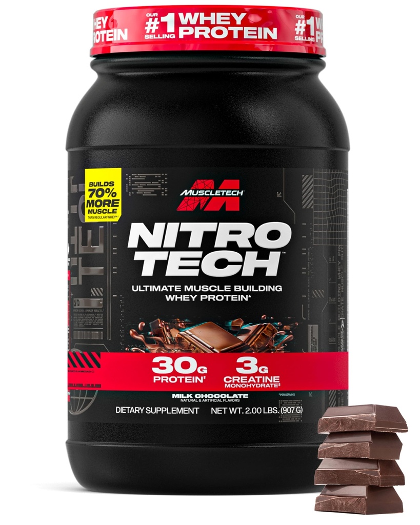 Muscletech Whey Protein Powder (Milk Chocolate, 2 Pound) - Nitro- Tech Ultimate Muscle Building Formula dengan Whey Protein Isolate - 30g Protein, 3g Creatine & 6.8g dari BCAA - Packaging May Vary