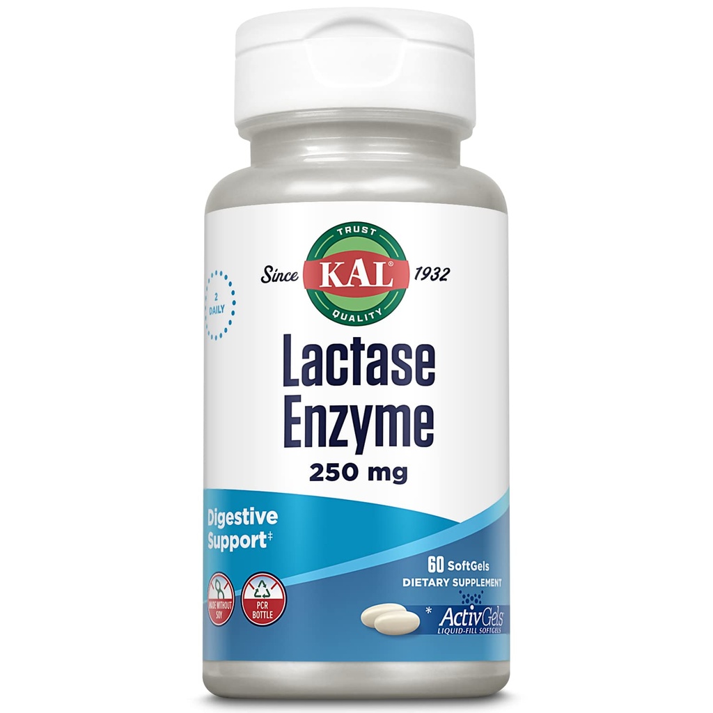 KAL Lactase Enzyme 250 mg, Diconsultion Duction for Laktosa Intoleransi, Liquid- Filed ActivGels Made Without Soy, 250 FCC Units, 30 Servings, 60 SoftGels