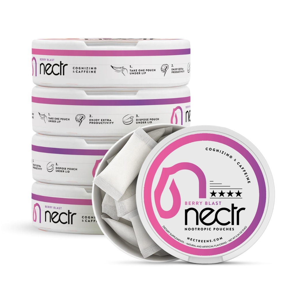 Nectr Energy Nootropic Pouches - Berry Blast Flavored, Caffeine Pouches dengan Cognizin ® Citicoline. Sugar- Free Brain Treats. Halus, Tersedia Fokus & Energi Tambahan - 5 Pucks dari 16pcs
