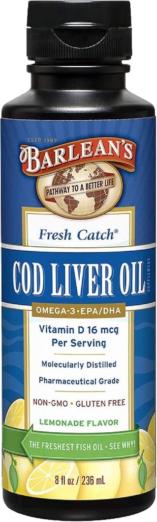 Barlean 's Cod Liver Oil Suplemen, Omega 3 Fish Oil dengan 900mg EPA dan DHA Plus Vitamin D, Suplemen untuk Gabungan, Otak, dan Dukungan Jantung, Leonade Flavor, 8 oz