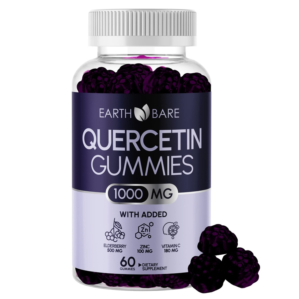 Quercetin Gummies dengan Elderberry, Zinc & Vitamin C - Imune Dukungan Suplemen - Antioksidant & Seasonal Wellness - Vegan, Non-GMO, Natural Berry Flavor - 60 Gummies