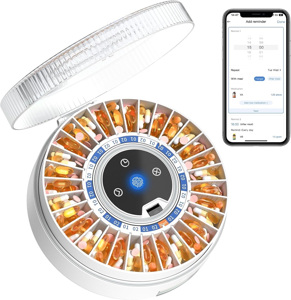 Zoksi Premium 31- Slot Otomatis Dispenser dengan Fingerprint & Key Lock, Smart Medication Organizer dengan Alarm & Light, Electronic Pill Organizer untuk Elderly & Forgefulness