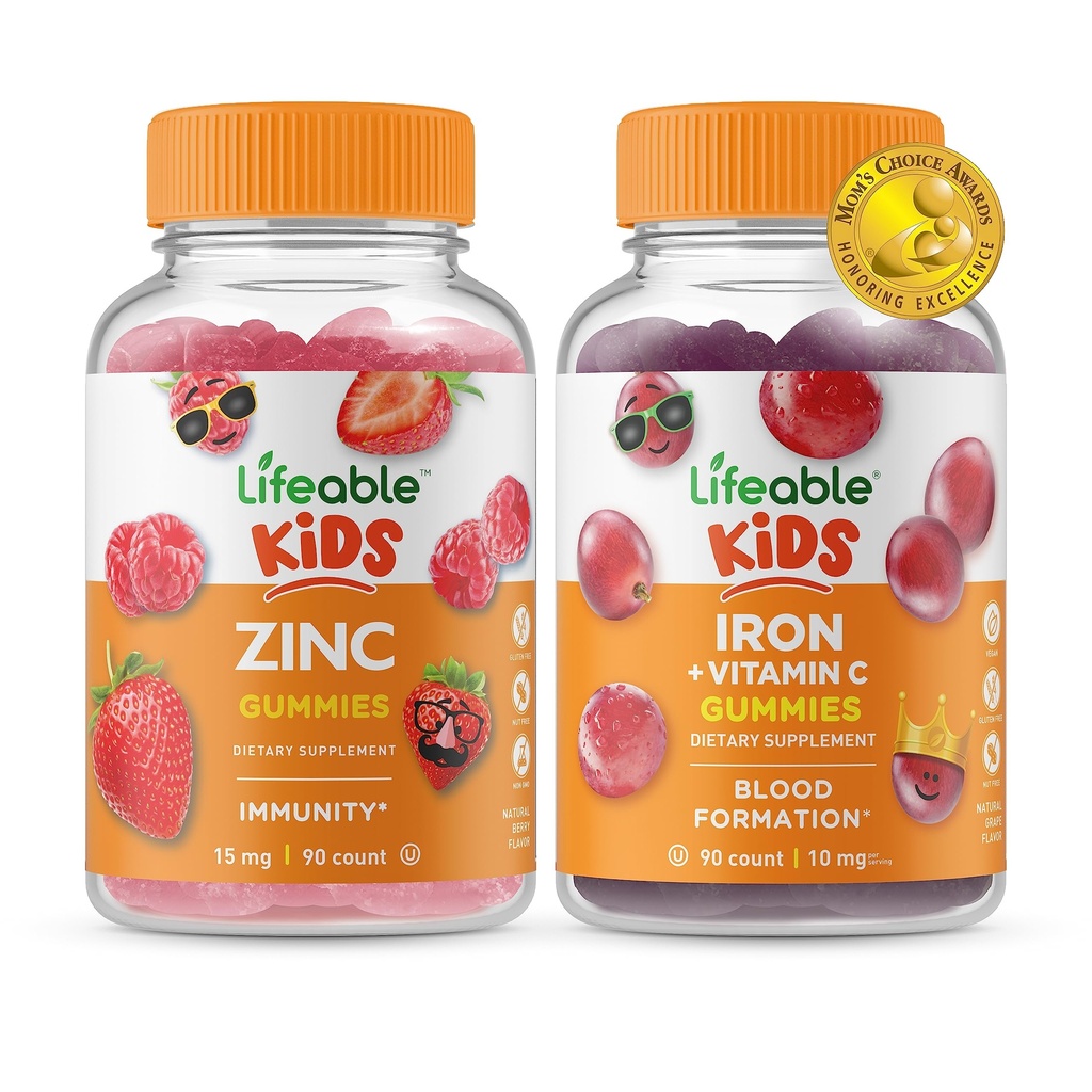 Lifeable Zinc Kids + Iron & Vitamin C Kids, Gummies Bundle - Great Tasting, Vitamin Suplemen, Gluten Free, GMO Free, Chewable Gummy