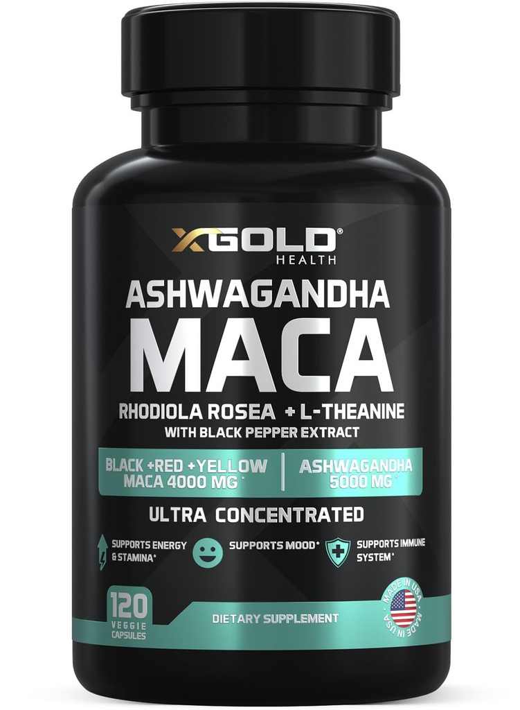 Ashwagandha 500mg + Maca Root Black, Merah, Kuning 4000mg, Rhodiola & L-Theanine: 30: 1 Ekstrak Ashwagandha Capsules, 20: 1 Ekstrak Katup Root Maka - Tambahan untuk Pria dan Perempuan