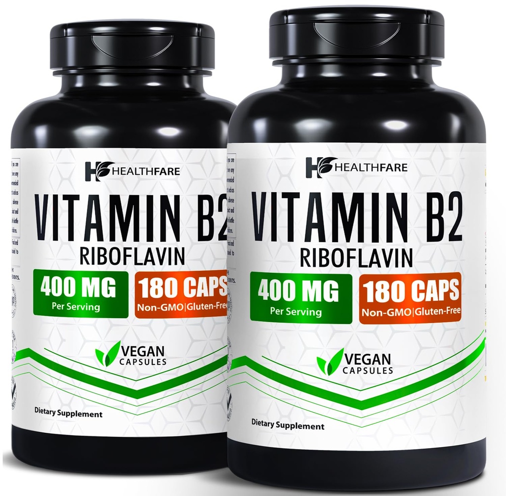 Healtfare Vitamin B2 Riboflavin 400 mg 124; Paket 2 = 124; 180 Veg Capsules Setiap KAPAL 124; Tambahan 124; Gluten-Free 124; Non-GMO