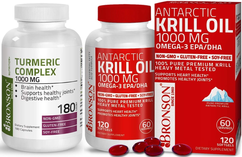 Bronson Turmeric Curcumin dengan Potency Tinggi BioPerine Bersama Dukungan + Bronson Antartika Krill Oil 1000 mg dengan Omega- 3 EPA, DHA
