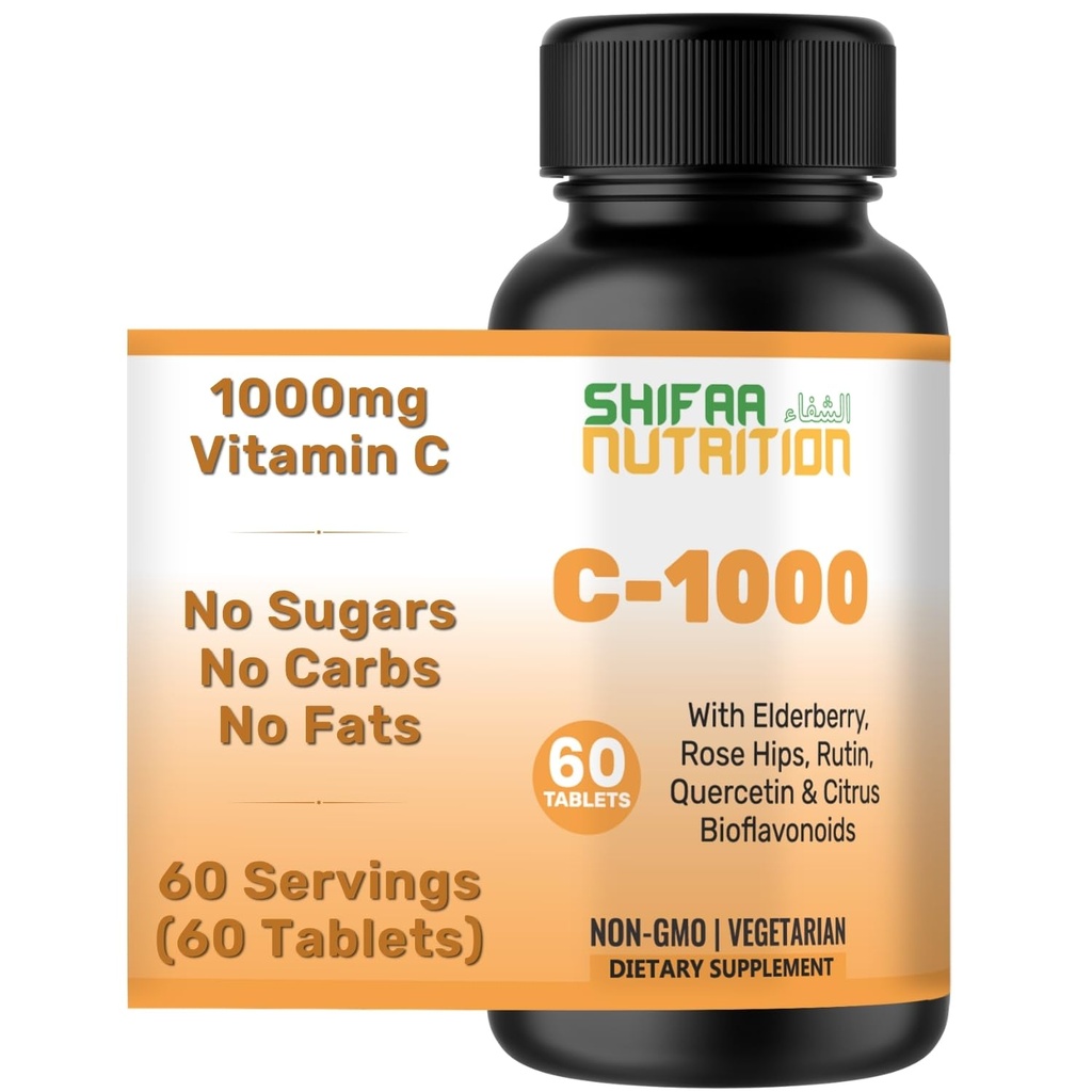 SHIFAA NUTRITION Halal Vitamin C-100mg Tablet, 60 Days Supply. Tambahan Dukungan Imune dengan Vitamin C, Elderberry, Quercetin, Rose HIPS & Rutin. Vegetarian, Non- GMO, Sugar Free & Keto Friendly