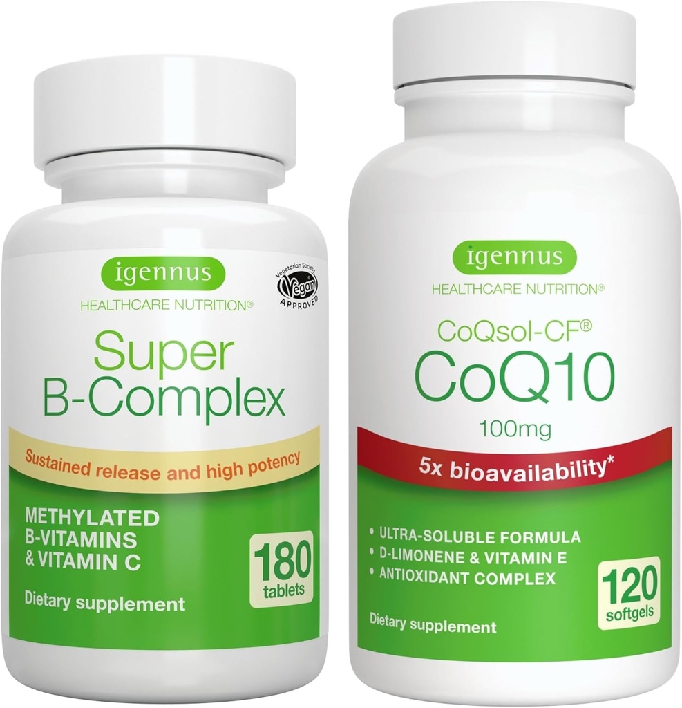 Super B-Complex 180 Tablets + High Absorpsi CoQ10 100mg 120 Softgels Energy Bundle, Metode Dilanjutkan Rilis B Kompleks + CoQ10 dengan Vitamin E & D-Limonene, oleh Igennus