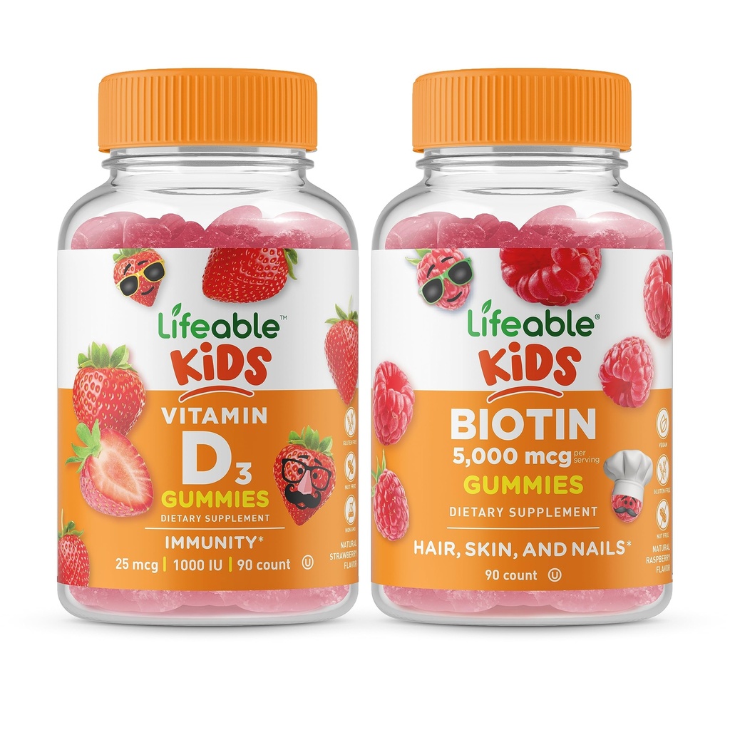 Lifeable Vitamin D Kids + Biotin Kids, Gummies Bundle - Great Tasting, Vitamin Suplemen, Gluten Free, GMO Free, Chewable Gummy