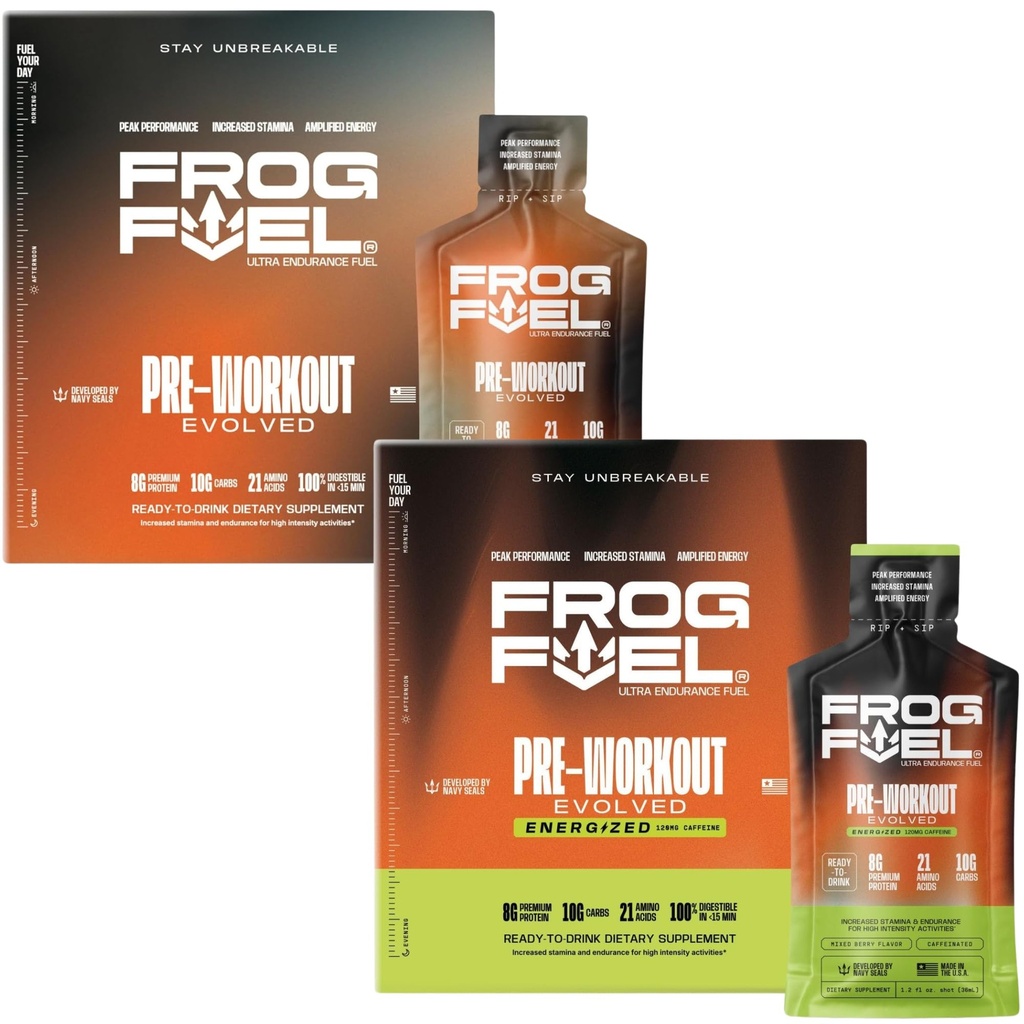 Frog Fuel Ultra & Ultra Energized Pre Workout Shot Bundle dengan 1500mg Beta Alanine, Electrolites 8g Protein Nano- Hydrolyzed Grass Fed Collagen, 10g Carbs, Berry, 1.2 oz Packets, 48 Pack