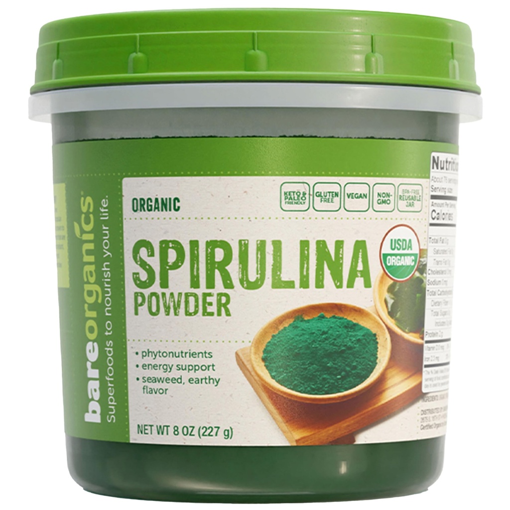 BareOrganics Spirulina Powder - Organic Superfood Popper - Vegan, Non- GMO, Gluten- Free - Protein Tinggi, Antioksidant- Kaya untuk Smoothies, Juice, Shakes & Daily Wellness, 8 Oz