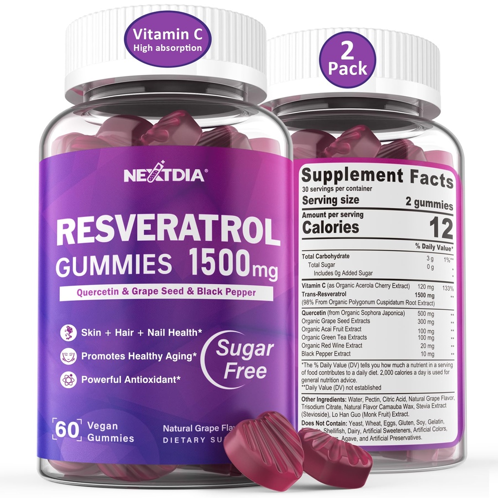 Resveratrol Supplemen 1500mg - Resveratrol Gummies Support NAD, NMN & NMNH Synergy, with Quercetin, Grape Seed, Acai Berries Extracts for Antioksidant, Healthy Aging & longevity, Skin, Brain - 2Pcs