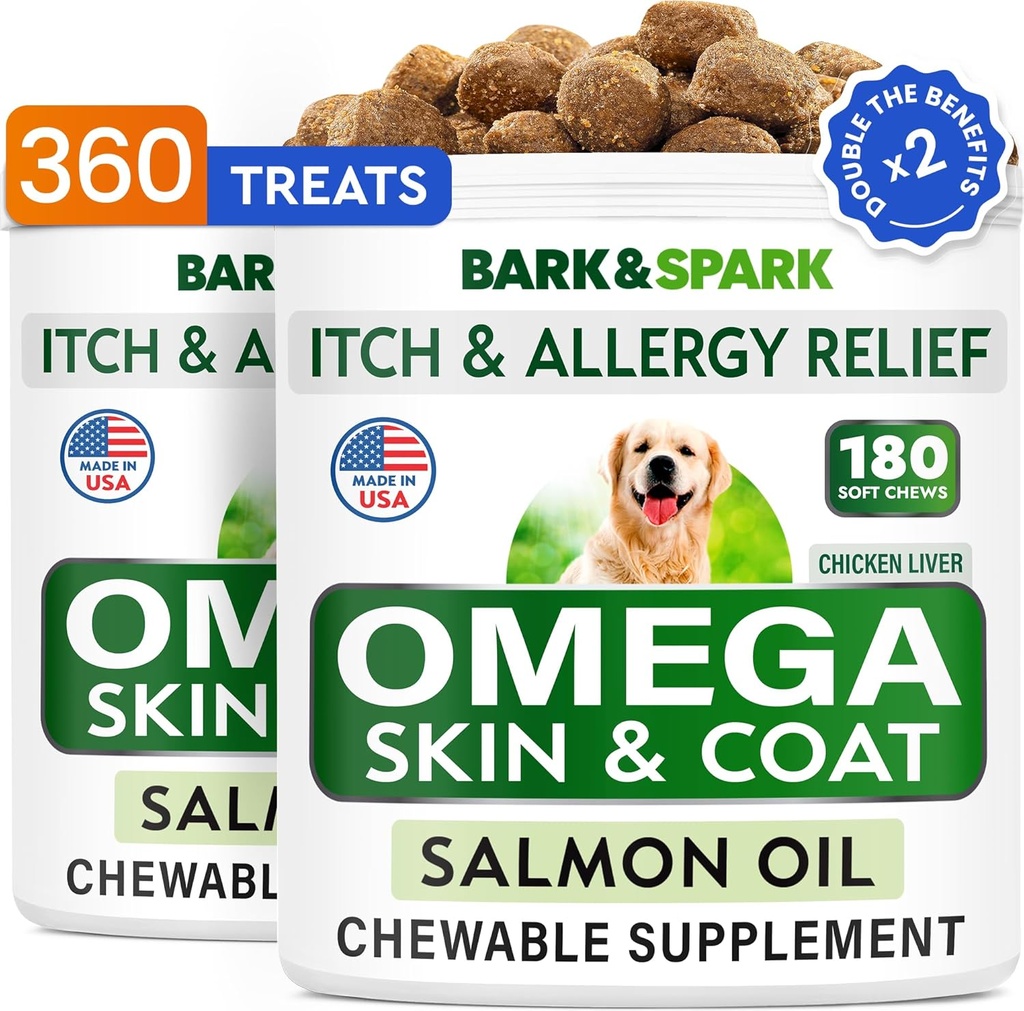 BARK & SPARK (Kemasan 2 Omega 3 untuk Anjing - Penghasil Minyak Ikan 360 untuk Anjing Shedding, Skin Allergy, Itch Relief, Hot Spots Treatment - Kesehatan Gabungan - Skin & Coat Tambahan - EPA & DHA Asam Gendut