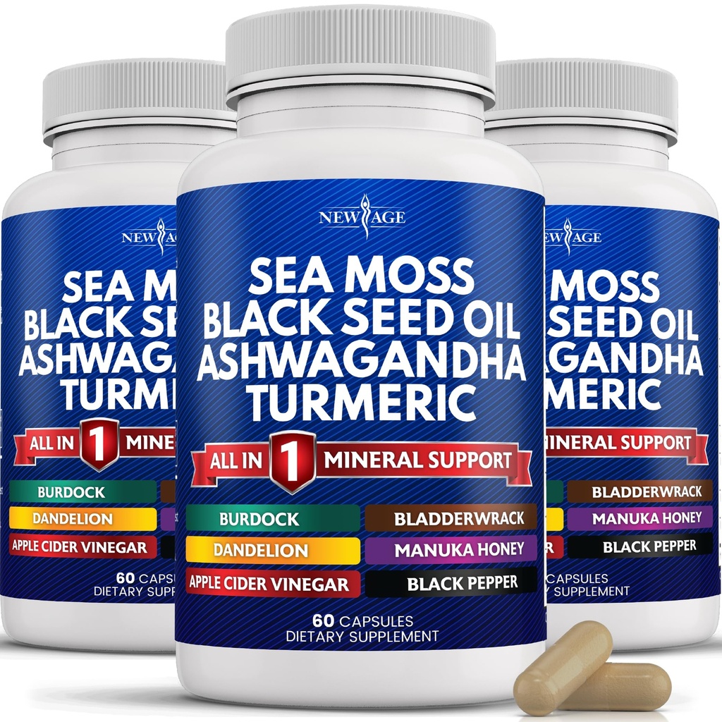 Silica Laut Moss Baru, Minyak Benih Hitam, Ashwagandha, Turmeric, Bladderwrack, Burdock - dengan Manuka, Madu Dandelion, ACV Black Pepper Gluten Bebas