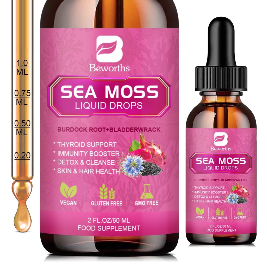 Sea Moss Liquid Drops - Organic Black Seed Oil Irish Sea Moss Gel with Burdock Root, Bladderwrack, Elderberry, Vitamin C, D3, 6X Stronger Seamoss Gel for Digetsy, Hair Health - Vegan