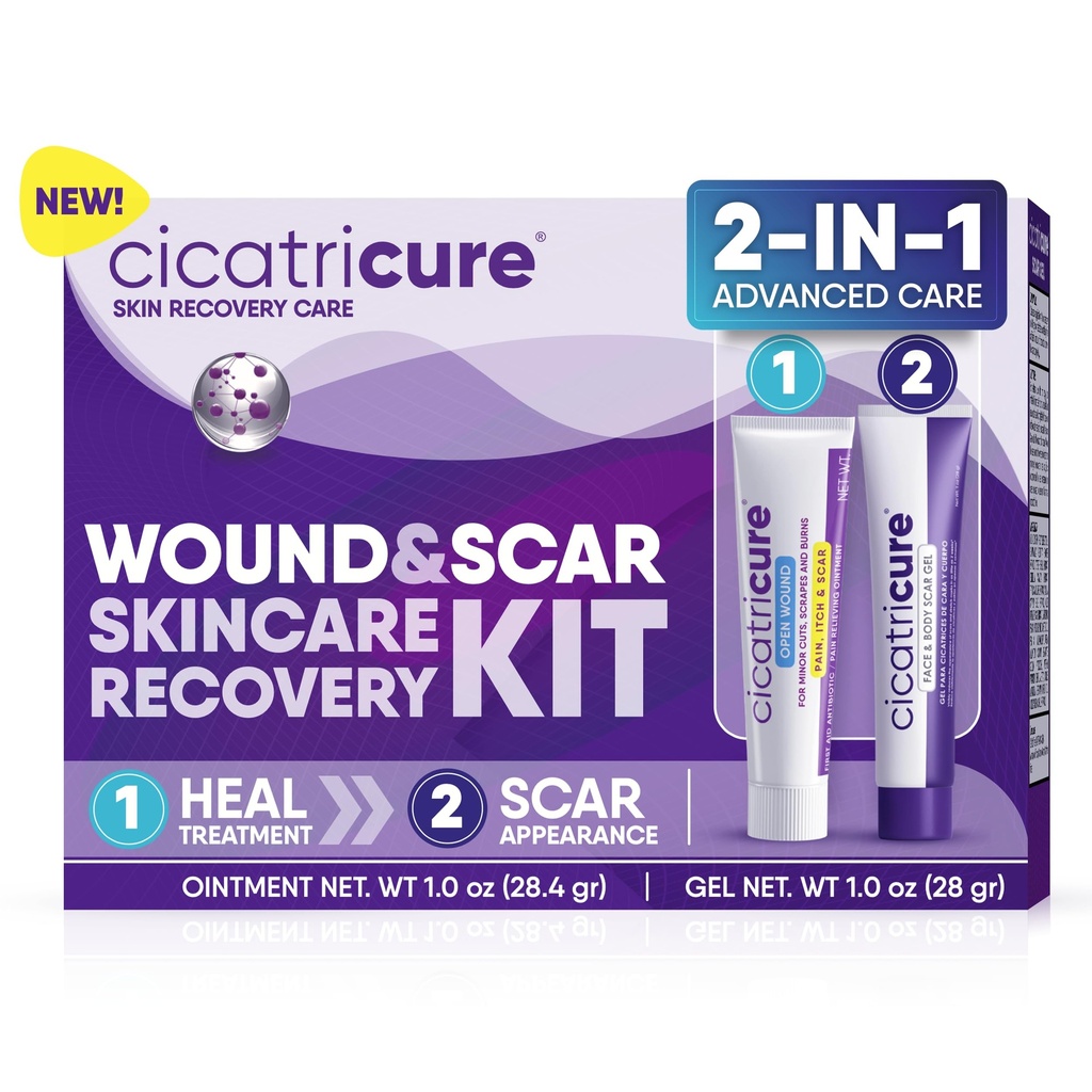 Cicatricure Skin Recovery Kit: Advanced Scar Gel & Open Wound Care Antibiotic Marks, Reduces Stretch, Surgical & Acne Skies, Treats Cuts & Burns, 1 oz Each - for Dewasa & Anak