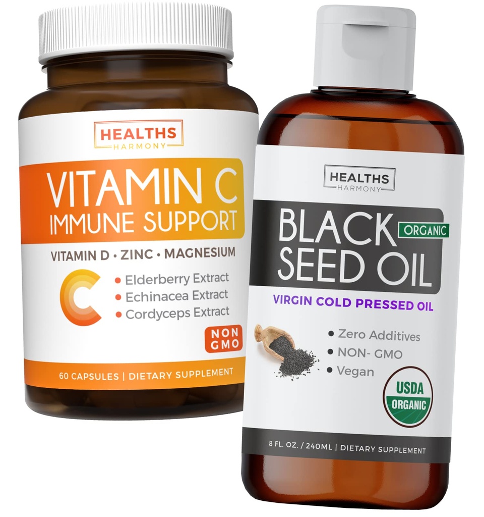 Bundle of Black Seed Oil Liquid & Vitamin C - Imune Fusion Booster Pack - Limid Minyak Benih Hitam Organik (8lM oz) Premium Cold- Menekan Nigella Sativa & Vitamin C Ammune Dukungan (Non-GMO) (60 Capsules)