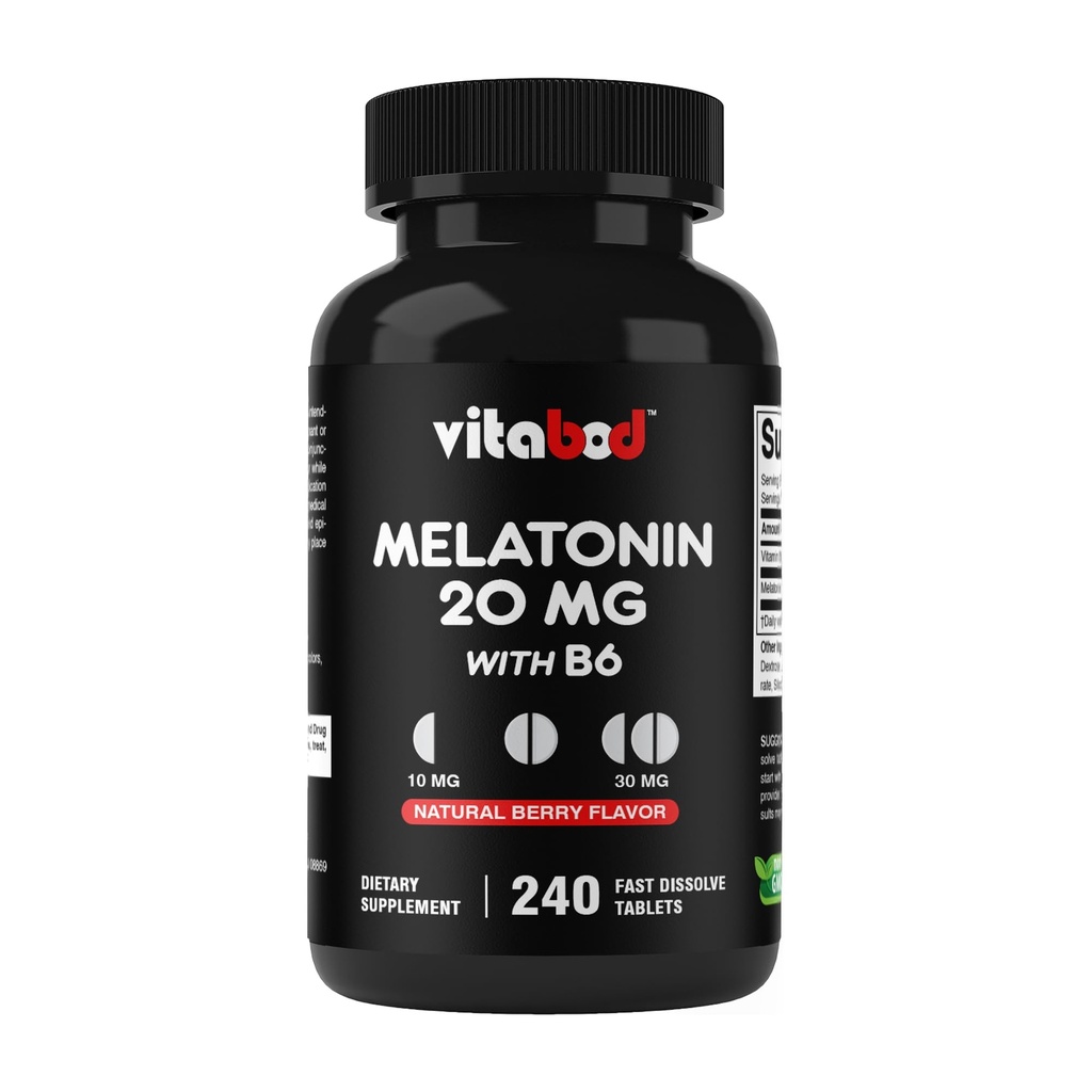 Vitabod Melonatin 20 mg - 240 Fast Dissolve Tablet - Drug Free - Natural Berry Flavor - Vegetarian, Non-GMO, Gluten Free 240 Count (Paket 1) (240 Cacah (Paket 1))