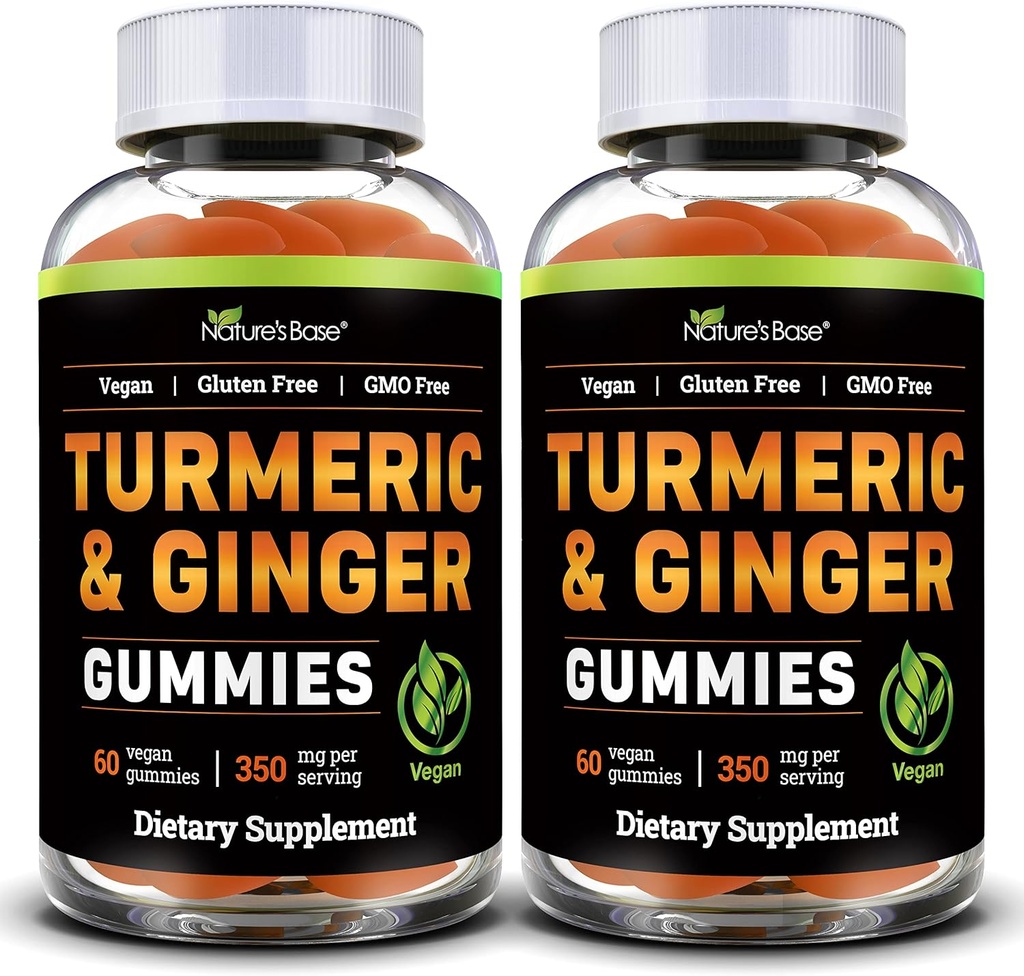 Dasar Alam Turmeric dan Ginger Gummies untuk Orang Dewasa (2 Pack) - Suplemen Kurcumin Tumerik untuk Mendukung Kesehatan Gabungan & Imune Dukungan - 120 Gummi Vegan