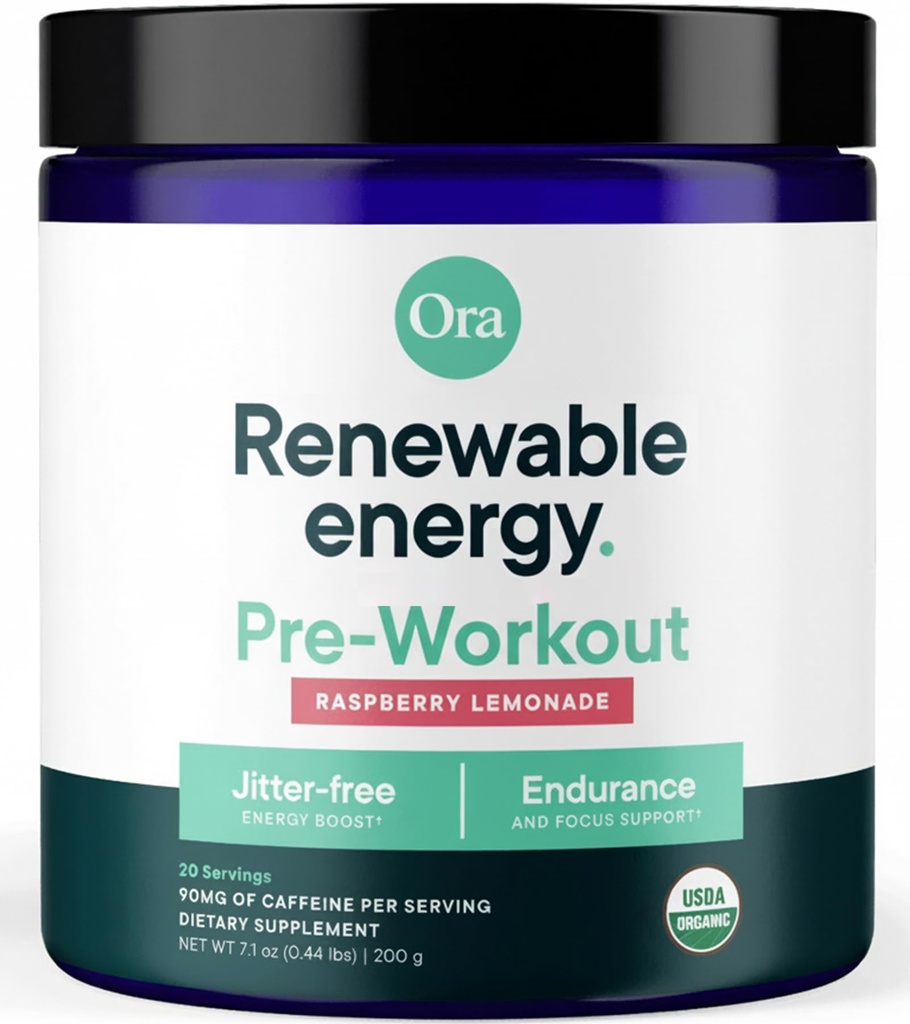 Ora Organic Natural Pre Workout Popper - Raspberry Lemonade Flavor- Menyediakan Jitter Free Energy, Focus, Hidration, & Endurance - Vegan, Sertifikasi Organik, Soy, Dairy, & Gluten Free, 20 Pelayan