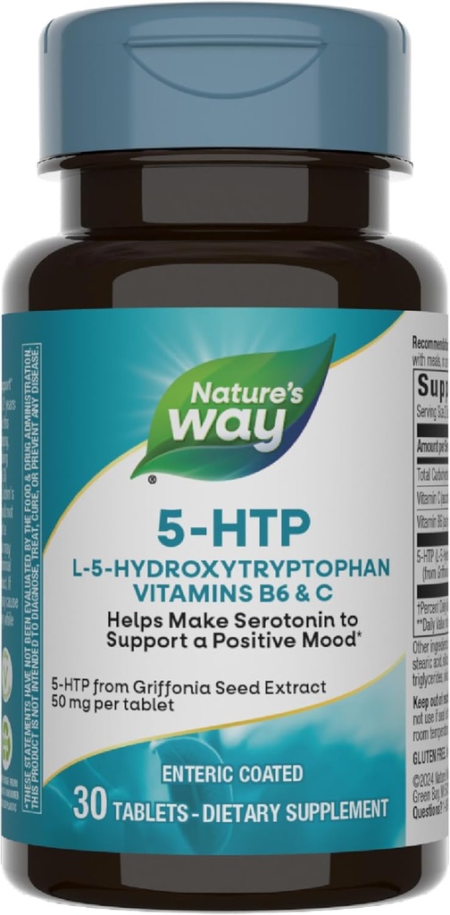 Nature 's Way 5-HTP, L-5- Hydroxypyptophan, Membantu Membuat Serotonin ke Outlook Positif *, Vitamin B6, Vitamin C, Valenonia Bean Extract, 30 Tablets (Packaging May Vary)