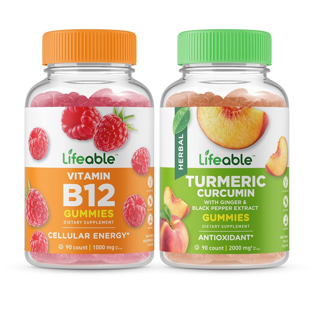 Lifeable Vitamin B12 + Turmeric Curcumin, Gummies Bundle - Great Tasting, Vitamin Suplemen, Gluten Bebas, GMO Bebas, Dapat Dikunyah