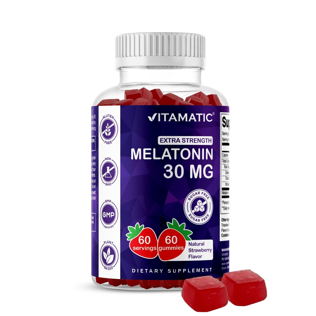Vitamatic Sugar Free Melonatin 30mg per Gummy - 60 Servings - 60 Vegetarian Gummies - Non-Habit Forming Supplemen (60 Count (Paket 1)))