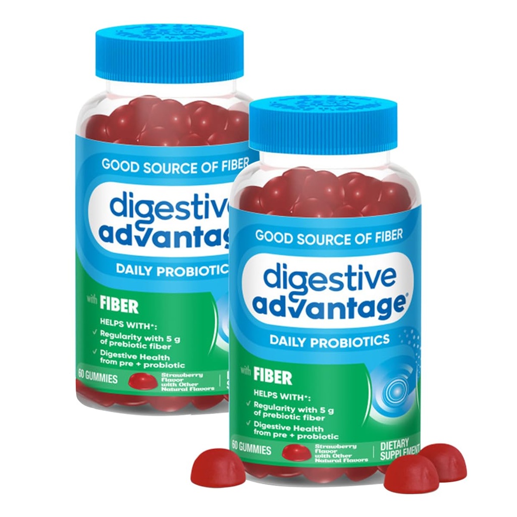 Adviously Prebiotic Fiber Suplemen Strawberry Flavor Gummies dengan Progories for Women & Men Digetical Health, Regularitas Dewasa dan Kesehatan Gut, 60 Count (2 Pack)