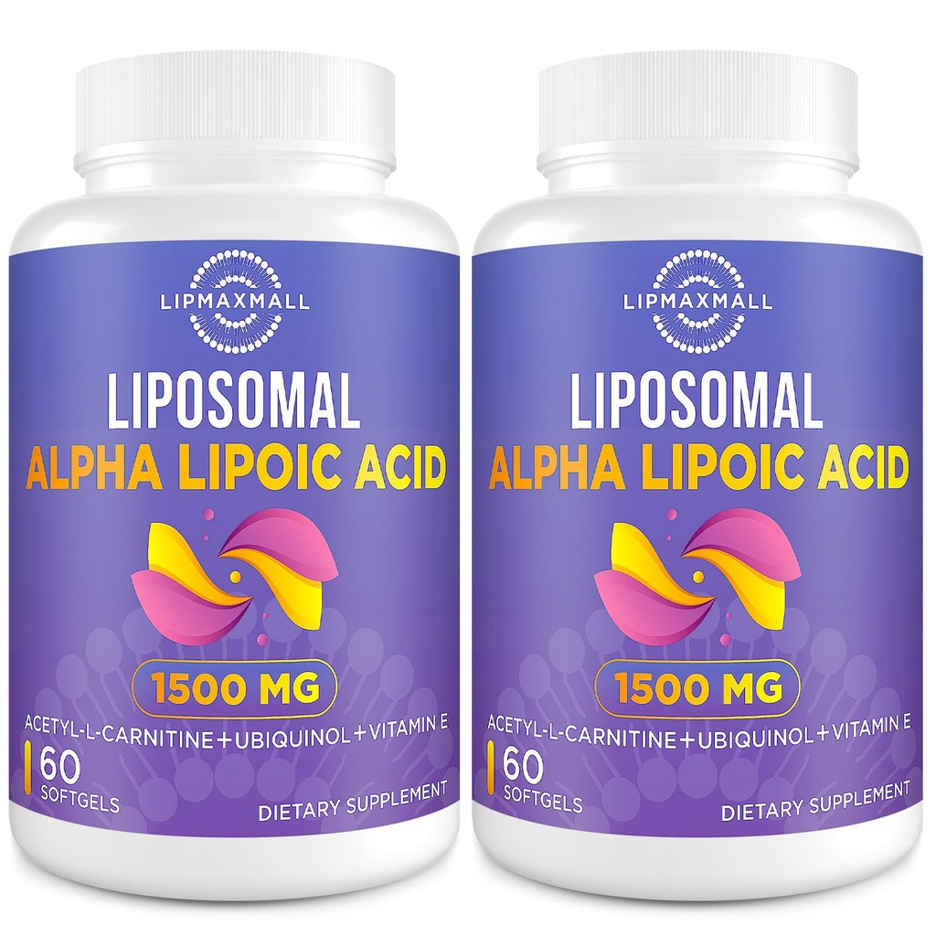 Lipomal Alpha Lipoic Acid 1500mg - dengan Acetyl-L- Carnitine 900mg & Ubiquinol 100mg & Vitamin E 15mg Supplemen untuk Antioksidants Metabolisme Energi Nerve, 60 Softgeel (2 Botol)