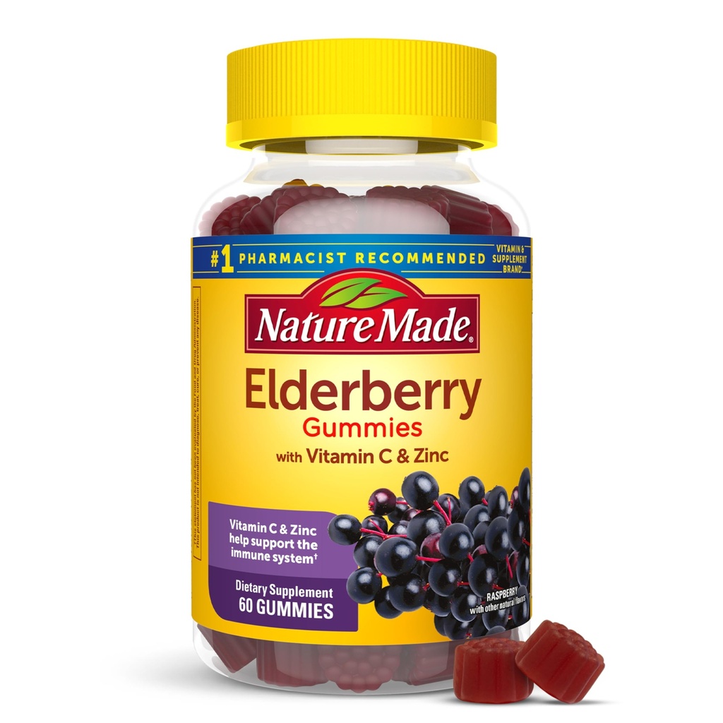 Nature Made Elderberry dengan Vitamin C dan Zinc, Dietary Suplemen untuk Dukungan Imune, 60 Elderberry Gummies, 30 Hari Supply