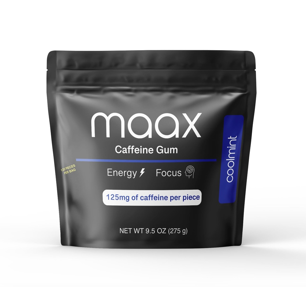 Maax Caffeine Energy Gum 124; Focus Gum 124; 125mg kafein per bagian: 124; Coolmint = 124; 125 potongan total per tas
