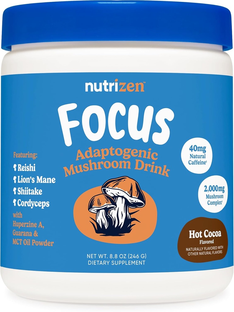 Nutricost Nutrizen AM Focus Adaptogenic Mushroom Drink (Hot Cocoa Flavored) 30 Pelayan - termasuk Reishi, Singa Mane, Shiitake, Cordyceps