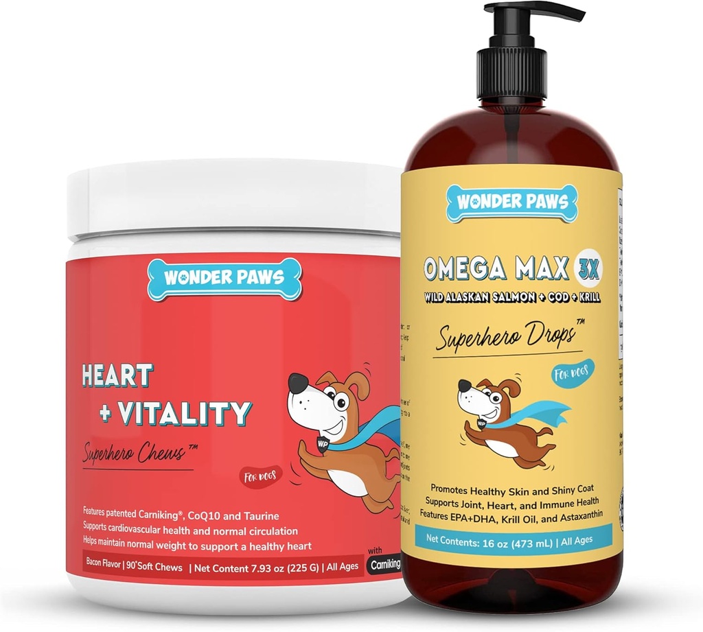 WONDER PAWS Heart + Vitalitas Superhero Chews Plus Omega Max Fish Oil - for Dogs Heart Health, Skin and Joint Care & Imune Dukung - Heart + Vitalitas 90 Chews - Omega Max 16 Ounces