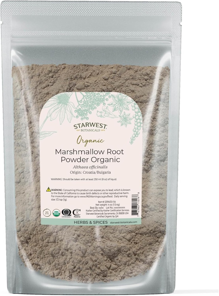 Starwest Botanicals Organic Marshmallow Root Powder - Dry Herb for Tea, Capsules, & Herbal Blends, Certified Kosher, Non-GMO - 4 oz Pouch