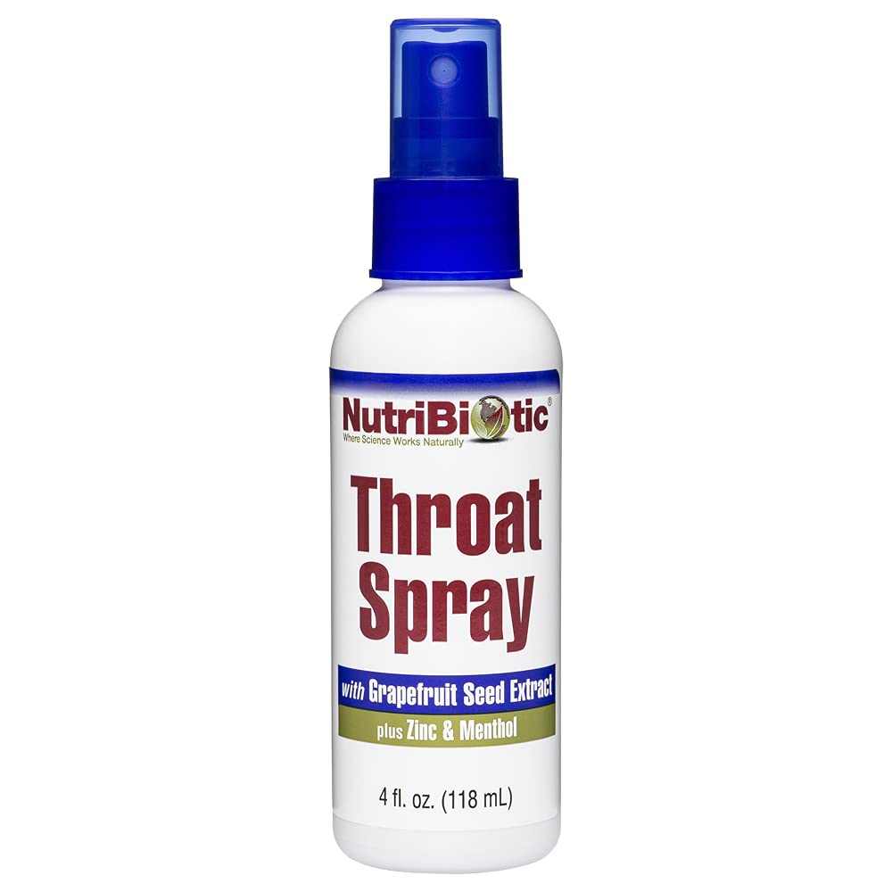 NutriBiotic - Throat Spray dengan GSE, 4 FI Oz 124; Gentle and Sootful Sore Throat dengan Ekstrak Benih Jeruk, Zinc & Menthol 124; Alkohol Bebas & Non-Obat