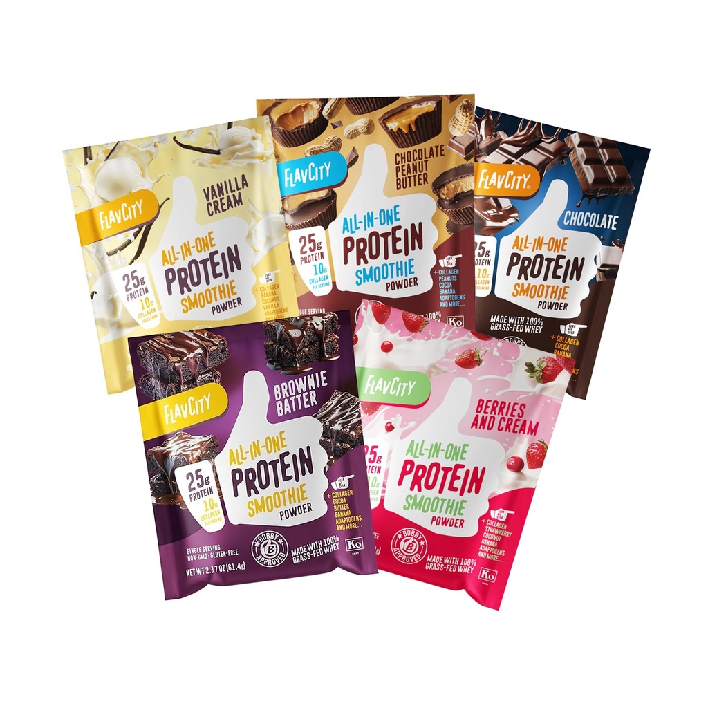 FlavCity All in One Protein Shake Powder Packet - On the Go Meal Alternative + 25g Protein & 10g Collagen, Made with Organic Reishi Mushroom & Cordyceps - No Added Sugars, Variety 10 Pack