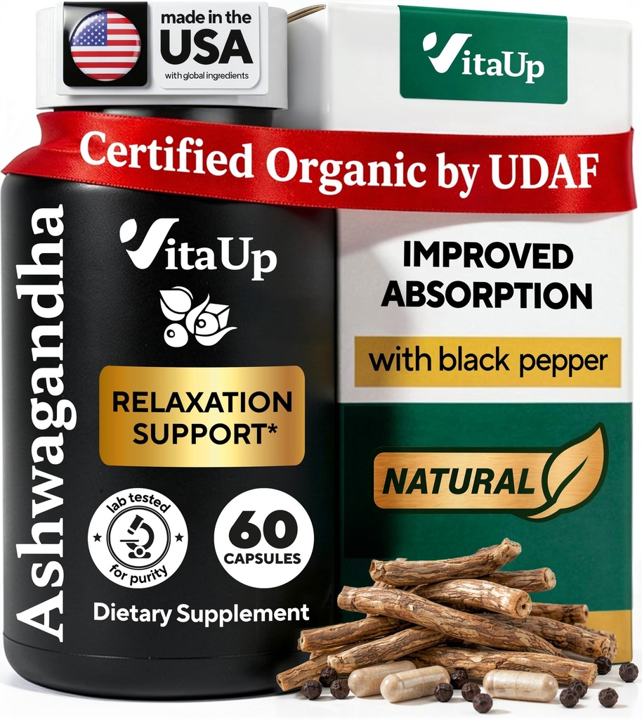 Ashwagandha Capsules 1310mg dengan Black Pepper - USA Made Ashwagandha Suplemen untuk Dukungan Relaksasi, Fungsi Cognitive Normal & Balanced Energy Levels - 60 Caps